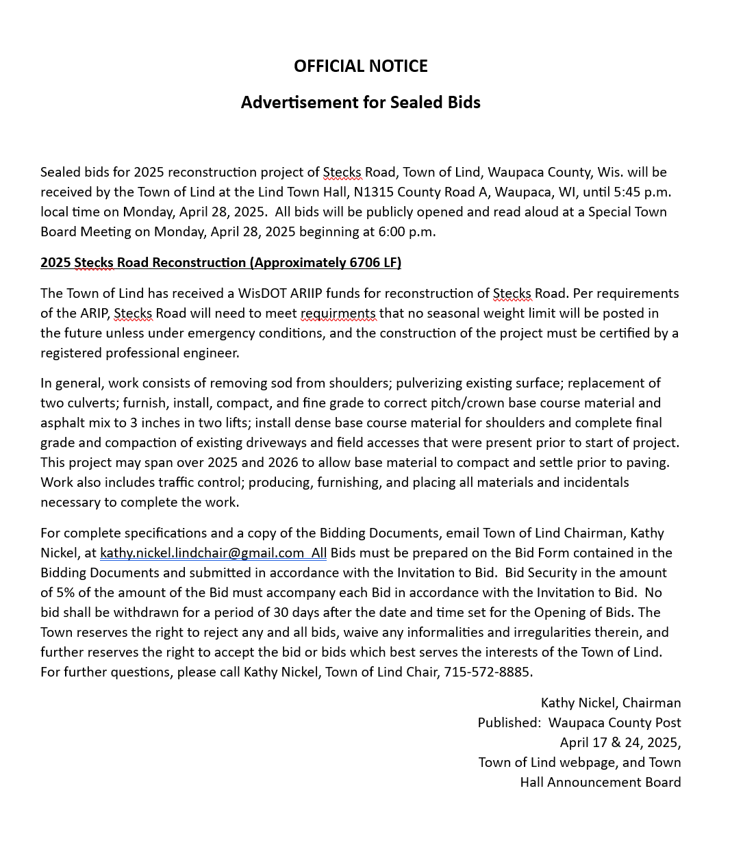 Ad for Sealed Bids for Stecks Road 
